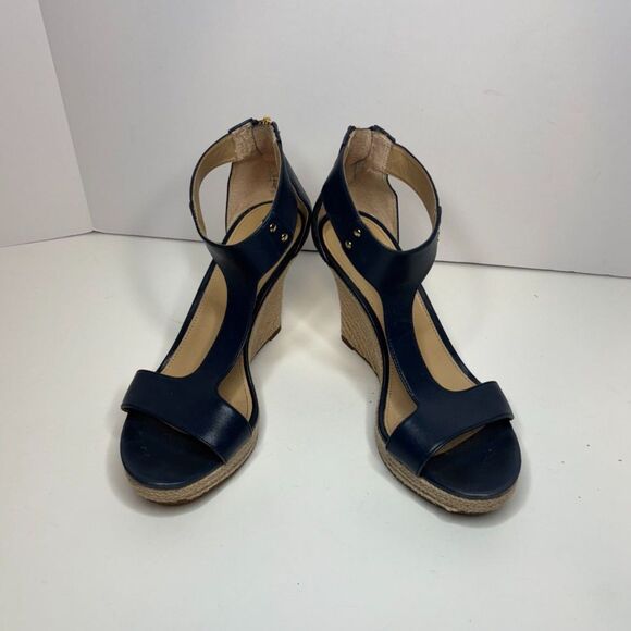 Michael Kors Navy Leather Stylish T Strap Open Toe Heeled Sandals Espadrilles - Picture 5 of 10